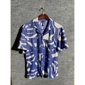 H&M Shirt Mens Medium Blue Beige Abstract Print Short Sleeve Button Camp